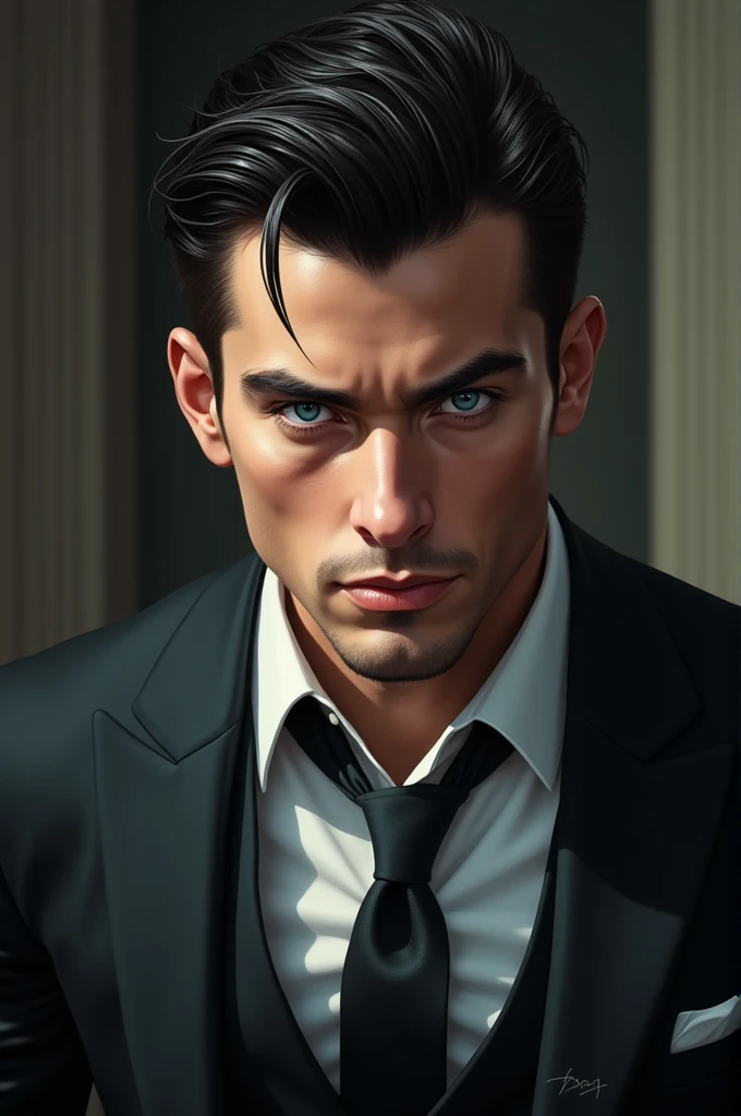 Young man 2, perfectly combed black hair with blue eyes, dressed as a mobster, powerful, dominant, proud, handsome, sexy. as realistic as possible
