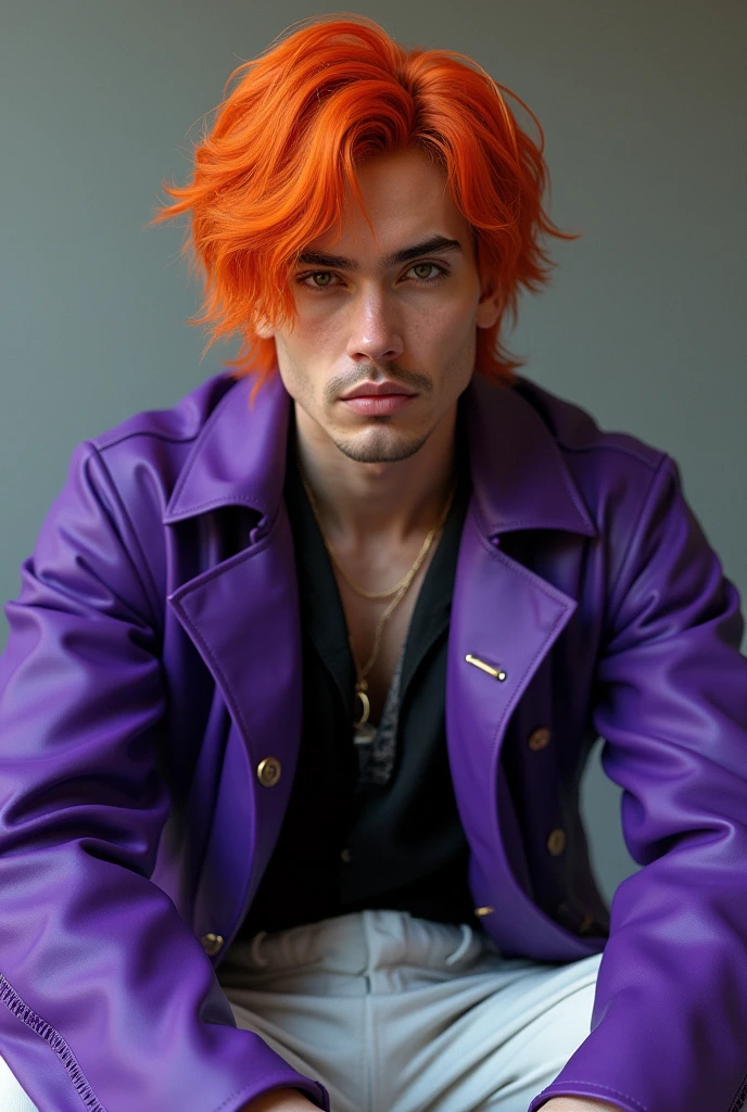 As a profile picture,with a purple jacket,dark orange hair,a half damaged layer,white pants for men
