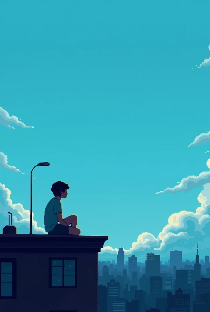 Make me the image of a teenager sitting on the roof of a building looking at the blue sky with a somewhat translucent teenager as if it were a memory with some city in the background seen from behind, all in pixel art with a dark filter to give it melancholy
