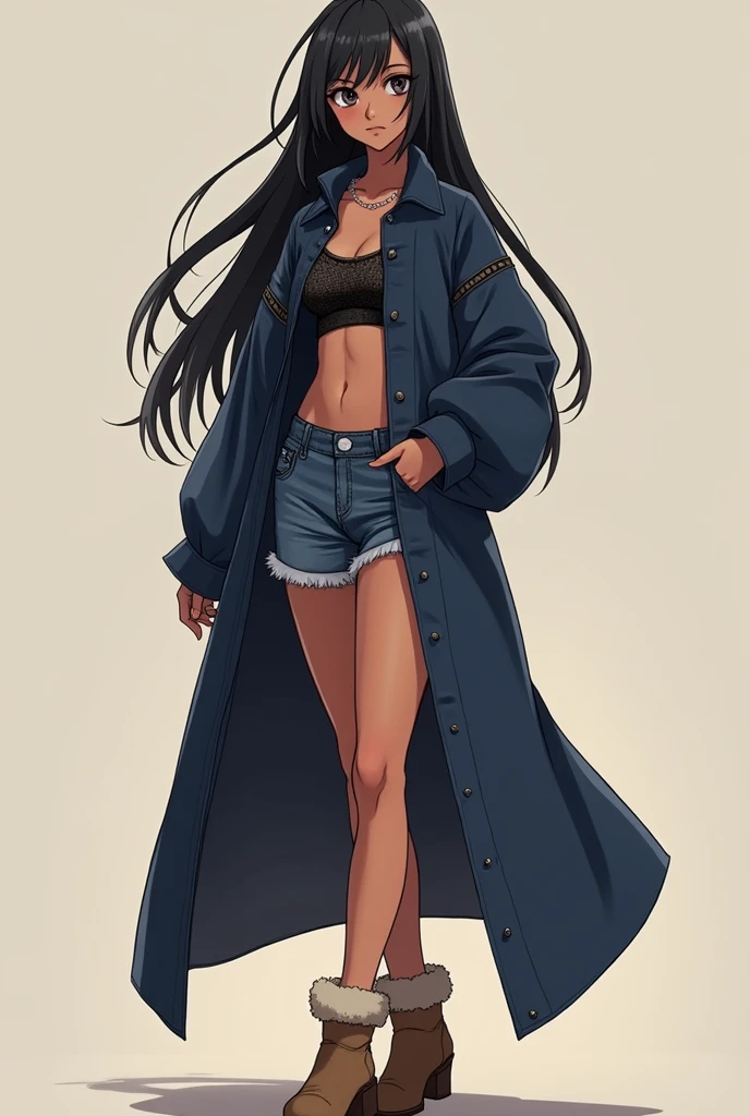 I want a girl of medium height, with black hair, long and straight, black eyes, brown skin, with a long polo shirt with a collar reaching to the shoulders and the sleeves reaching to the elbows in navy blue, a tight black mesh and grey boots tending towards light brown with plush on the edges. Add an Andean style to your clothes but just a little. Let it be anime type