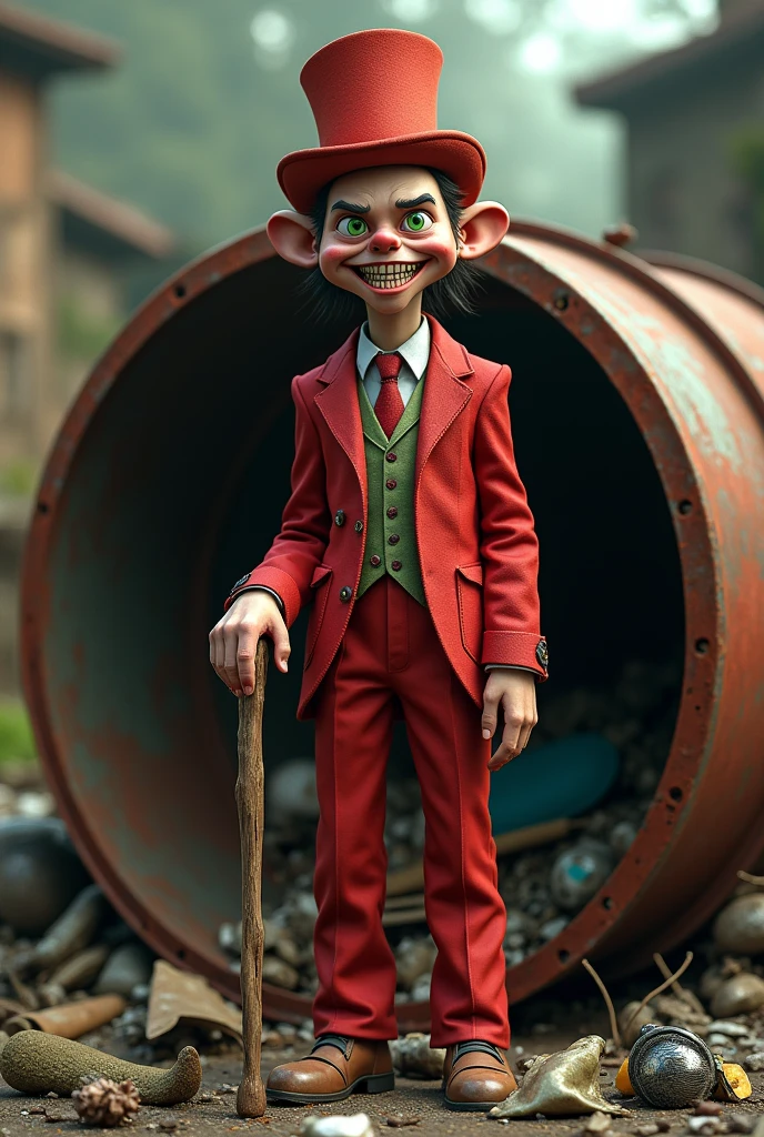 A man with stubby teeth, green eyes, wearing a red suit, a tall hat, and holding a cane, stands in the middle of a garbage drum.