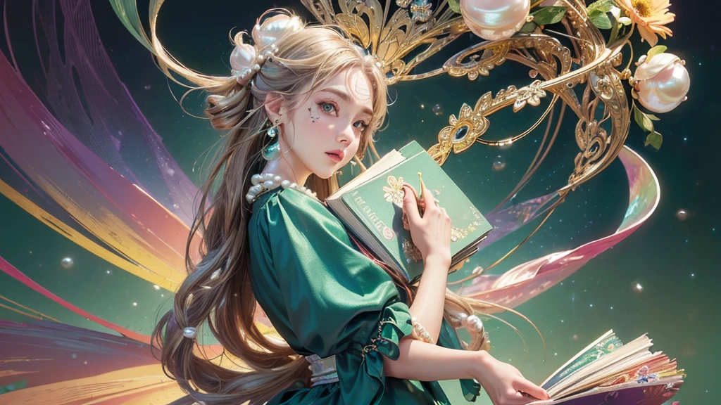 32K, 最高quality, 最高masterpiece, (ultra-Detailed Background, Detailed Background), High resolution, Super detailed, Very detailedな, 1 personの, (bouquet:1.3), (Tangled:1.2), (Geometric:1.2),(colorful),(masterpiece, quality, best quality, Official Art, Beautiful and beautiful:1.2), (1 person:1.3), Very detailed,(colorful:1.1)(Flowers:1.3),Most detailed,(Tangled:1.2), whole body, (Abstract background:1.3), (Skin glows), (Many colors:1.4), ,(Earrings Pearl:1.5), Light green background, It's imaginative., Brunette Hair, Updo, Holding a book, Holding a pen, Satin shirt