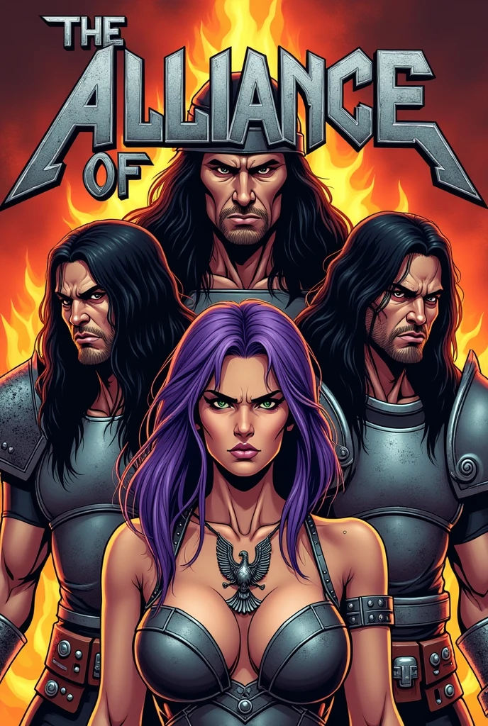 Illustration for a poster to promote a heavy metal band concert, with two barbarian warriors with black hair and eyes and steel armor and an imposing female warrior with an angry expression, ready for battle, with purple hair and green eyes, wearing a necklace with a pendant in the shape of a steel eagle with open wings, between the two warriors, with fire behind them, in the style of 80's comic books, in the dimensions used for Instagram posts, with the title of the event The Alliance of Metal with the letters in metallic gray with black shadows, in the middle of the poster