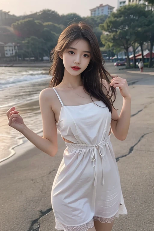 1 Girl,seaside,Soft Light,Chinese Beauty,Suspender dress