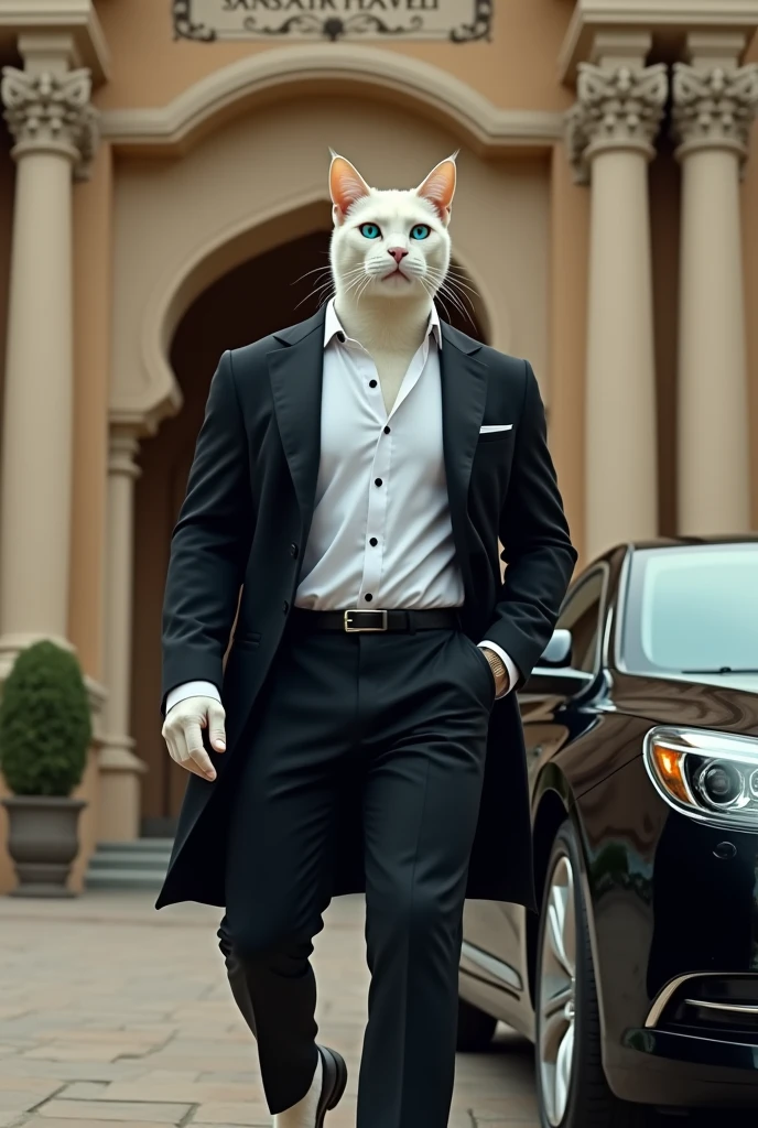 In the final scene, the muscular white cat, dressed in a white shirt and black jacket, arrives in his car in front of a magnificent mansion. A large sign reads "Sansaar Haveli." He steps out of the car and walks towards the mansion's entrance, with a confident sparkle in his blue eyes and his charm evident in his stylish outfit.