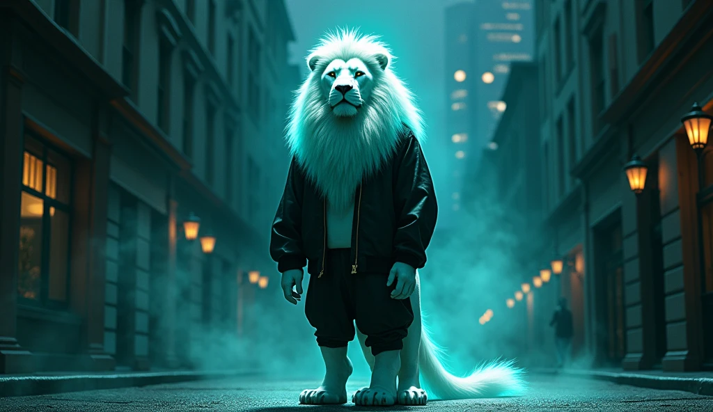 White lion with aquamarine mane with aquamarine eyes, white tail with the appearance of aquamarine mane , that he is dressed in a black jacket and black pants that looks like a rapper standing on two legs on the street at night with an urban background that gets publicity