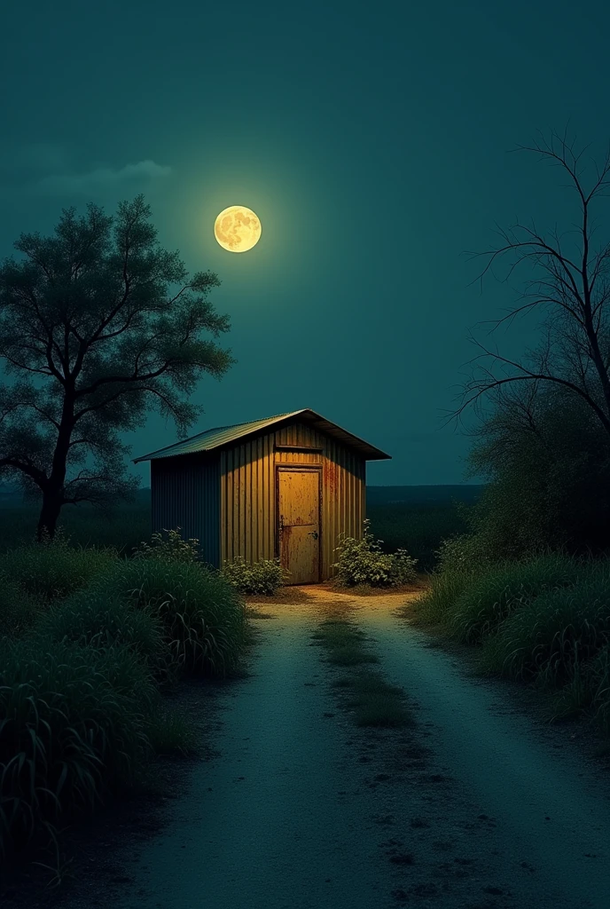 An aged metal shed, a little rusty and with a door in front, surrounded by neglected plants and crops, like dark green overgrowths.
The shed and the crops are next to the lonely road, paved but lonely, no one passes by, no one is nearby.
The entire scene is illuminated by the faint white moon with yellowish touches, which is located between weak clouds and surrounded by a lonely, clear sky.
It's late night, it should be noted.
The image must be surrounded by a strange mysticism, like a lonely feeling, of knowing that no one is around, it must be somewhere between peaceful and solitary.