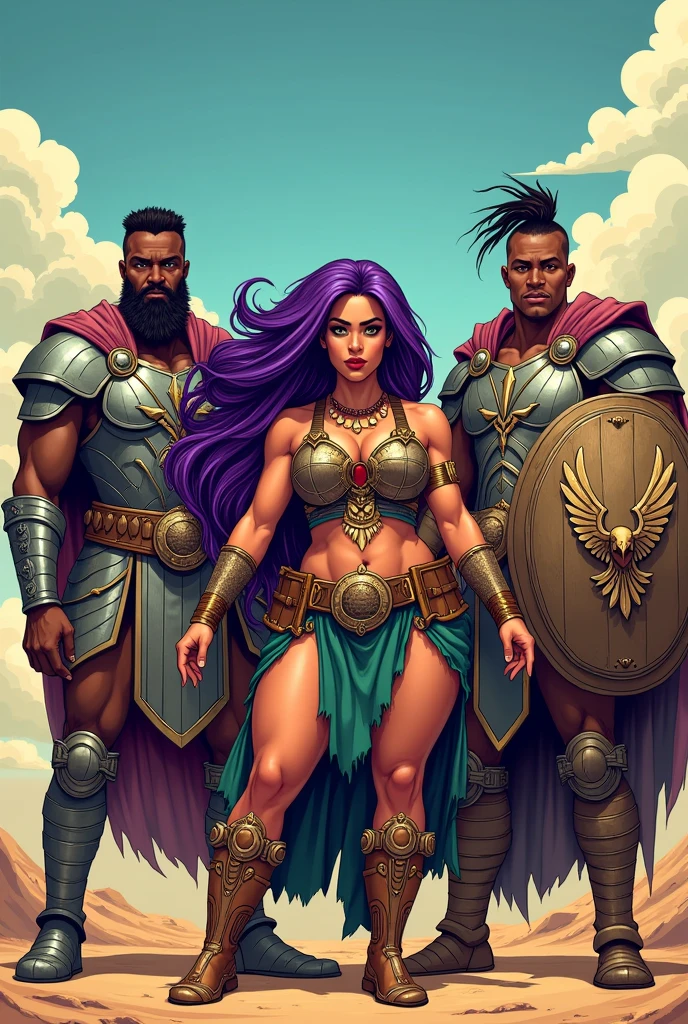  Write in the center: THE ALLIANCE OF METAL Comic book style background image with 2 dark skinned male warriors in armor with armor helmets and shield and a curvy overweight chubby female warrior, obese, white woman with long purple hair and green eyes wearing eagle necklace, with desert background