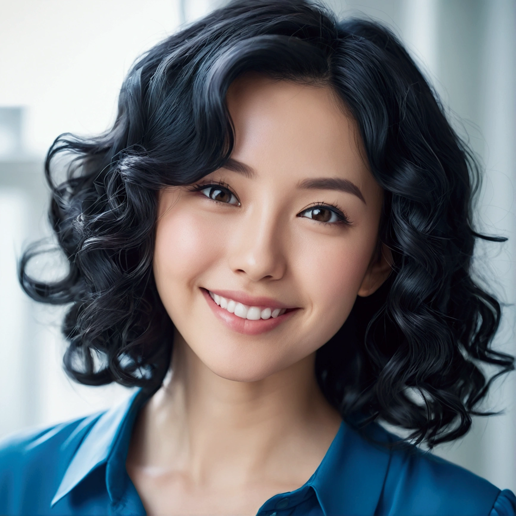 A close-up, half-body shot of a beautiful, anime-style 30-year-old woman with glossy, wavy black hair. She’s wearing a chic blue blouse, and her happy expression is prominent. The background is softly blurred with cool, calming tones.