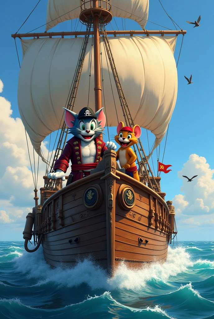 Tom and Jerry sailing the sea on a pirate ship