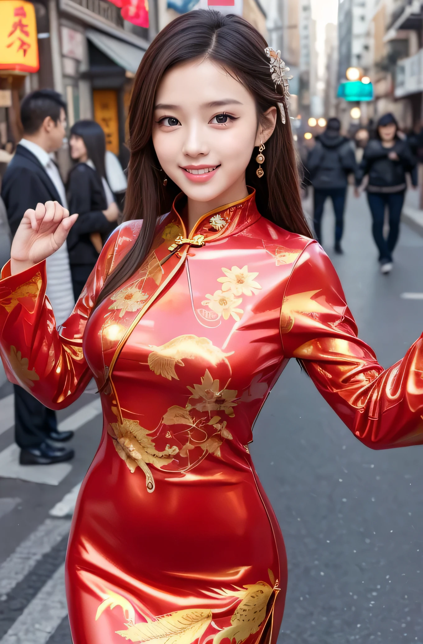 very cute girl, super cute face,clear attractive eyes, detailed Beautiful eyes,smiling,(realistic photograph), Super shiny metallic gorgeous vivid colored latex long sleeves cheongsam, chinese phoenix pattern design cheongsam,
Costume lighting,in the street