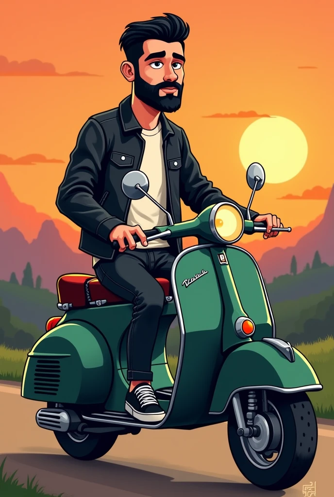 Image of a cartoon-type boy on a classic dark green matte Vespa motorbike, the boy has a full black beard , thin eyebrows, black eyes, short black hair short straight, square face, the photo in a background landscape with a sunset, Biker photo type the guy with a leather jacket and a white t-shirt inside, The black leather jacket half open revealing the t-shirt, black jeans and vans style shoes , the thin boy. He has black rings on both ring fingers of his hands.. With a vintage helmet of the same color as the motorcycle