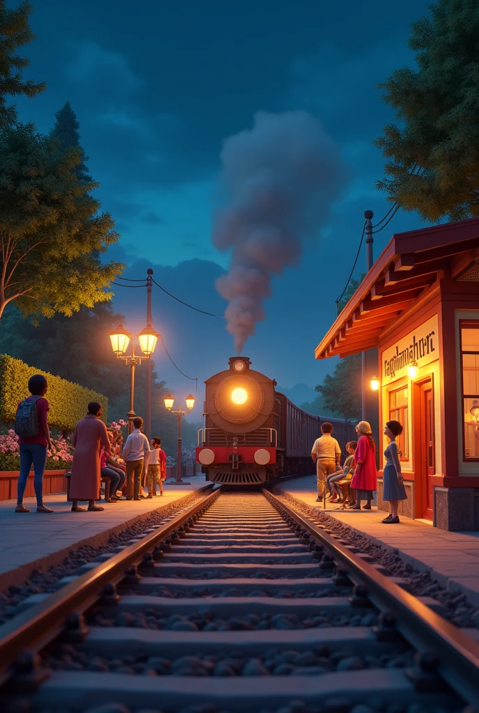 "Create a cinematic 3D Cartoon style "Create a railway station in 3D style, its name is Raghunathpur, there are flowers, trees and plants all around, the train is coming, passengers are waiting for the train and it is night time, there are lights too. station Name Hindi रघुनाथपुर showing on board.