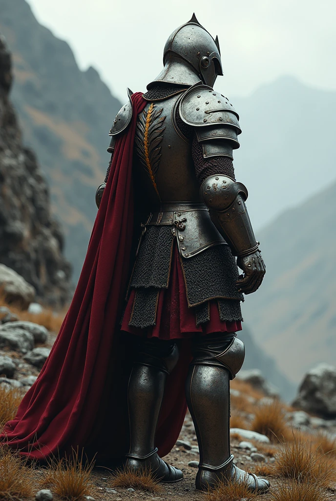 Medieval warrior with his back turned and turning his head (He is wearing a helmet that covers his entire face) On the right, full body image (That includes the legs)