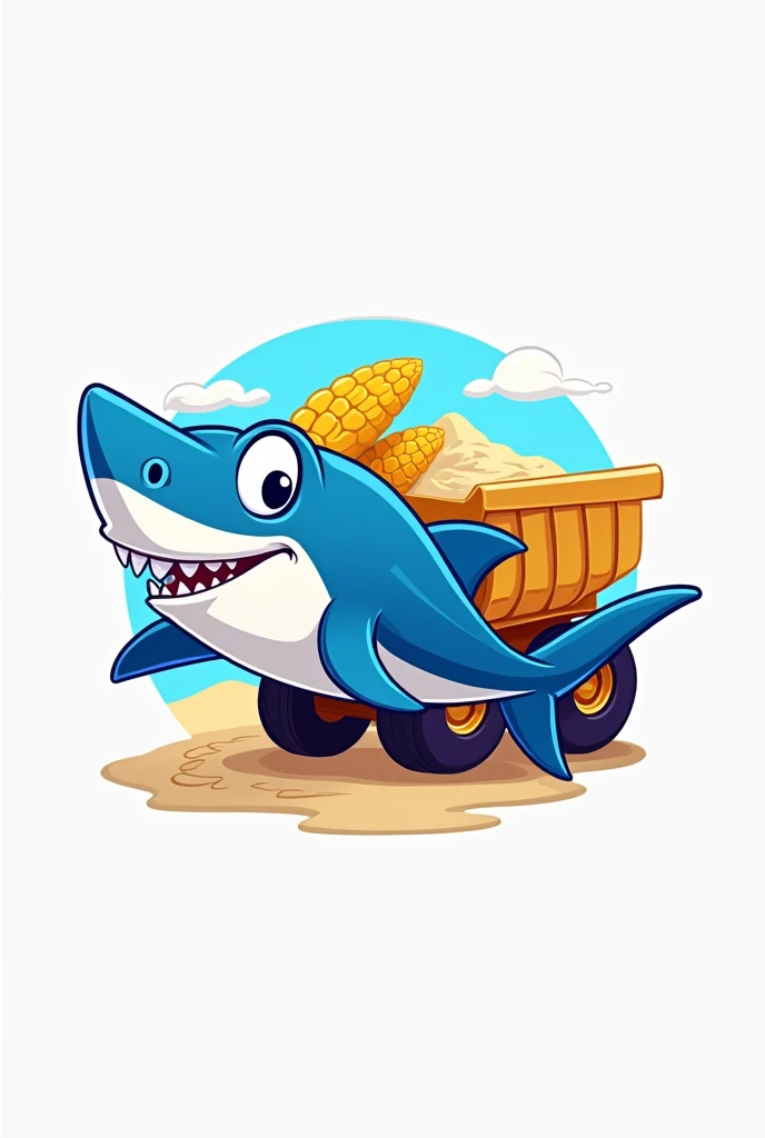 a logo with an animated shark in blue and white colors with curly yellow corn hair near a truck carrying sand