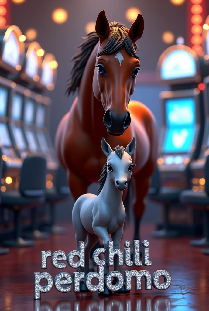3D animation of a mare and her silver foal with the name on top. " Red Chili Perdomo" with silver letters and diamonds.
Silver slot machines in the background.