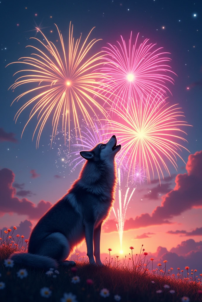 In the vast night sky，(素晴らしいfirework:1.3)It&#39;s full of colorful lights，Blooms in an instant(beautiful photo:1.2)。Wolf、Howling at the sky、色とりどりのfirework，firework，Daisy，Floating in the sky，Bright，Cheerfulness，Warm and soft lighting，evening，green，Light clouds，bar cloud