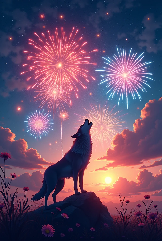 In the vast night sky,(素晴らしいfirework:1.3)It's full of colorful lights,Blooms in an instant(beautiful photo:1.2)。Wolf、Howling at the sky、色とりどりのfirework,firework,Daisy,Floating in the sky,Bright,Cheerfulness,Warm and soft lighting,evening,green,Light clouds,bar cloud
