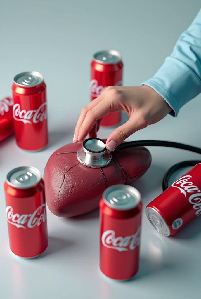 A hand holding a stethoscope to a liver model, with Coca-Cola cans around."