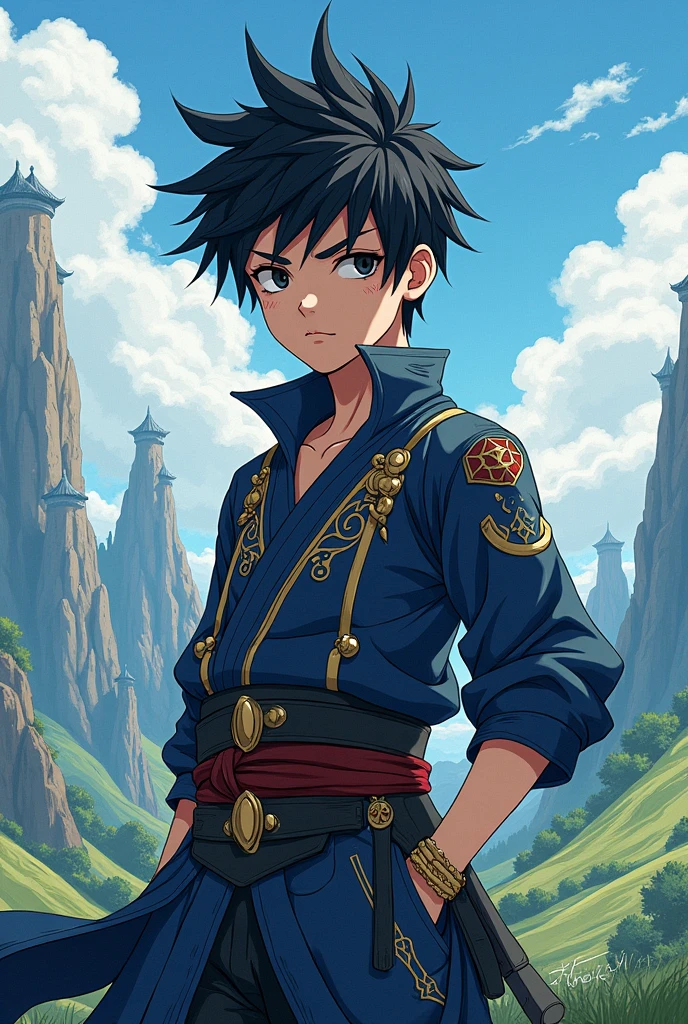 manga style drawing. A boy in an isekai. And isekai style clothes. Cold and serious look