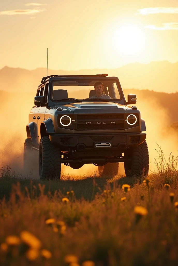 Thar car offroading in the field sunlight