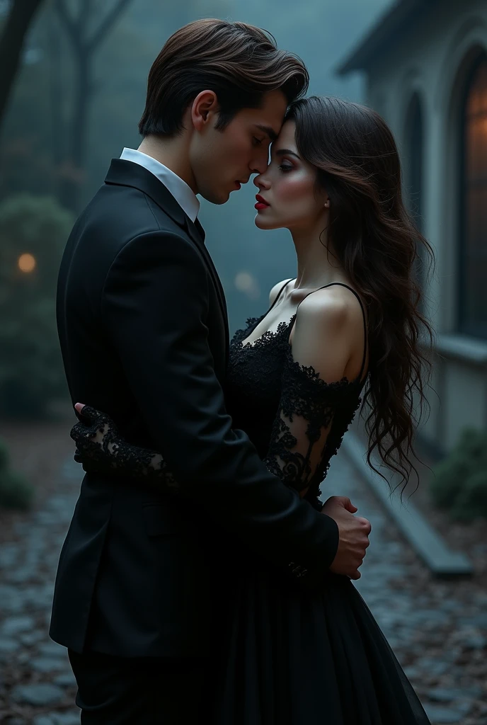 A vampire with a black dress and red eyes . She is accompanied by a vampire with a black suit and brown hair at night and the two are hugging in a romantic mood.