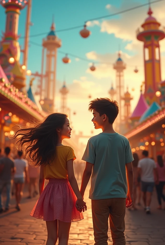 cinematic poster about  girl and a boy holding hands at amusement park. they are in love