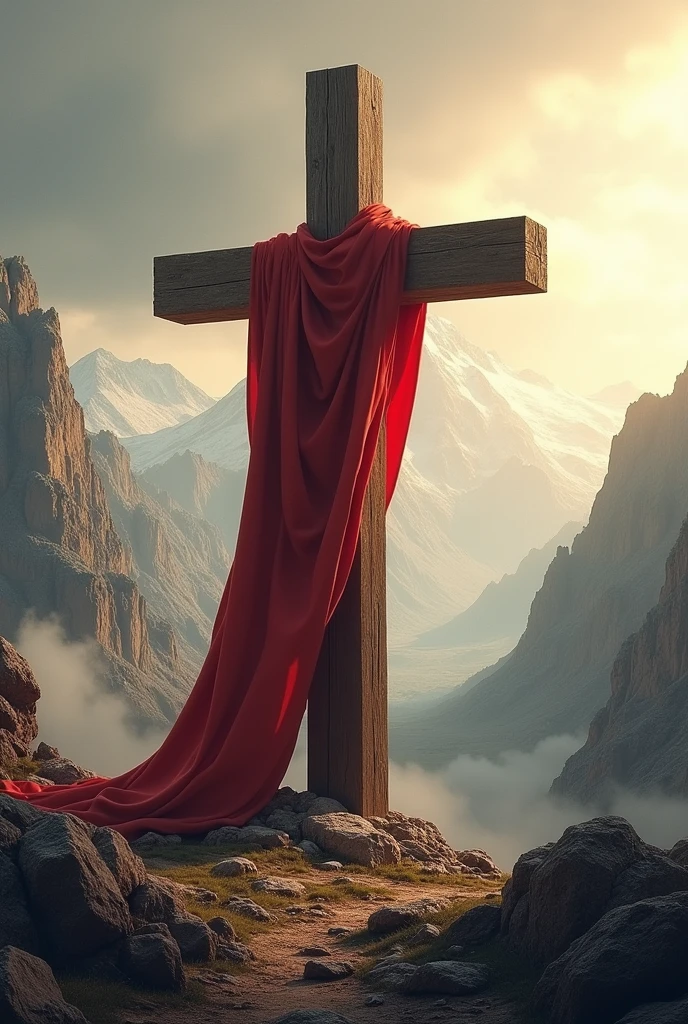 Create a cross, with a red cloth, and write "children of the promise" in the shadow as if we were facing the cross on the mountain