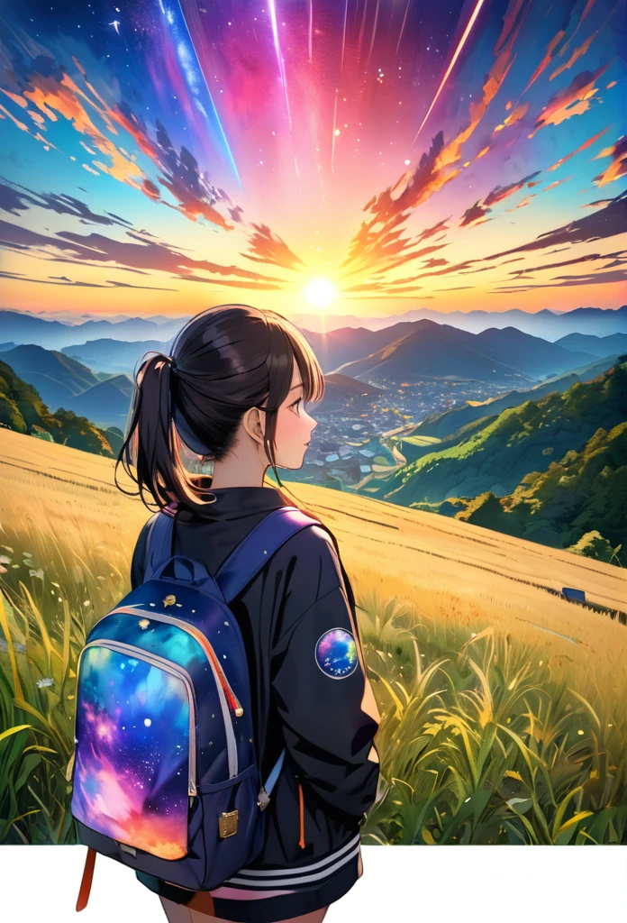 Hair in the air, Rear View, Look at the sun, 空にはuniverse船がある, three suns, One Woman,young woman, Standing in the grassland, landscape, universe, 8k, Super Detail,Colorful watercolor style, chromatic aberration, A village deep in the mountains of Japan, Dark Theme,Magnificent nebulae breathtaking vibrant colors thereal interstellar other curiosity birth evolution star sun super star_wide々Clear Sky Sunshine Panorama Ultra Sunset Sunrise (((Highest quality、Ultra-high precision、Ultra-High Resolution、head&#39;artwork)))、Low Angle, headから足まで, Are standing,