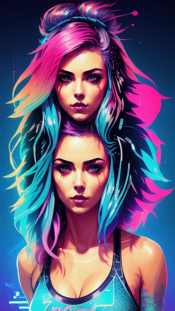 swpunk style synthwaveaward winning half-length portrait of a woman in a motel, and hot body naked, with navy blue ombre hairstyle with flying hair, paint splatters, splashes, overdrive, vaporware, shaded flat illustration, art digital, artstation trends, highly detailed, fine detail, intricate