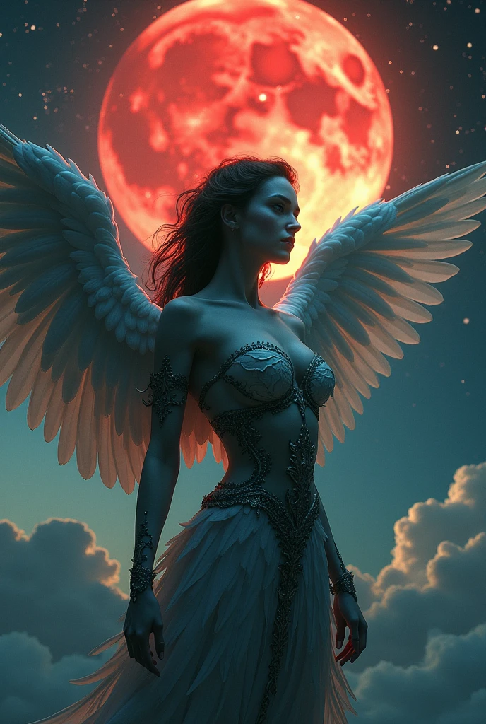 Create a woman with half an angel&#39;s body and the other half a demon&#39;s body against a starry sky background with a blood moon.. imagem realista 4k, High definition. 