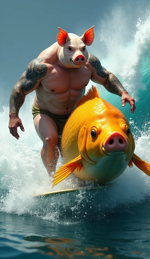 A muscular, tattooed, chesty, shirtless pig riding a giant goldfish while surfing a wave