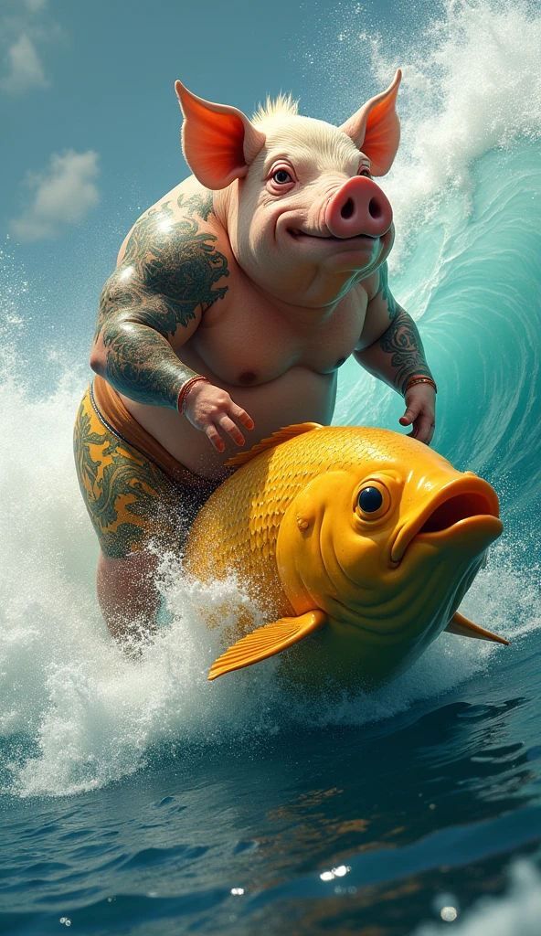 A muscular, tattooed, chesty, shirtless pig riding a giant goldfish while surfing a wave
