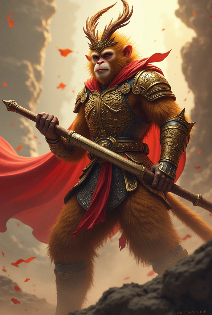 Sun wukong, a man with ape face, golden fur, in golden and brown full-body dynasty armor, two antenna-like plumes headdress, wielding a long metal bo stick with gold on two edges, red flowing cape, dynamic pose, fantasy vibe,