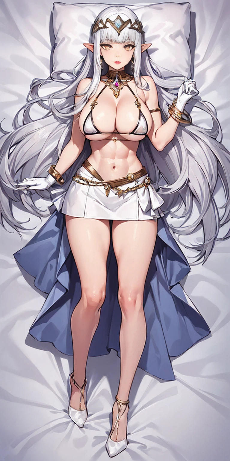 full body standing straight bareoot, long hair, triplets, holding hands on bed, sleeping together, superheroine micro bikini, SFW girl, CHEST COVER, super sexy. best quality, realistic photo, cowboy shot, bedroom background, bed, sheet, pillow (Lysithea von Ordelia) (yellow eyes) white hair, silver hair, very long hair, straight hair, solo, adult woman, tall, slightly muscular, large breasted, cleavage, constricted waist, toned body, slight abs, thin dark skin, pointy ears, lipstick, makeup, black eyeshadow, circlet, white short dress, jewelry, bracelet, white gloves