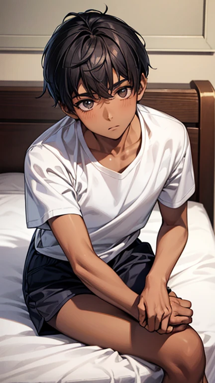 Highest quality、Realistic、、zoom、、man、look up、cute、Light grey eyes、Black Hair、short hair、Tanned brown skin、Dark Skin、White short sleeve shirt、Navy blue shorts、Flat Chest、Bust Shot、thin、bed