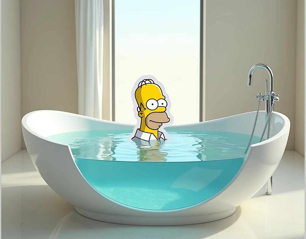 We need a big bathtub filled with water and an image of Homer on the bathtub. Homer ka sticker lga ho bathtab per 
