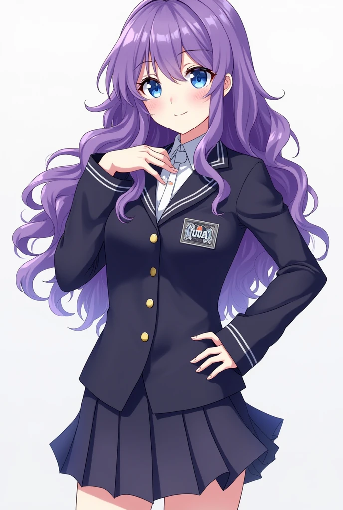 Create a girl from Boku no hero academia, to wear the UA uniform, that has long, purple curly hair, sky blue eyes and pale white skin