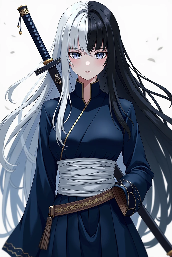 Generates a white girl with white eyes and hair on the left side and black eyes and hair on the right side in the style of Kimetsu no Yaiba., Her hair reaches her heels, with dark blue full-covered male demon slayer uniform, chest covered in bandages, two nichirin katanas on his back