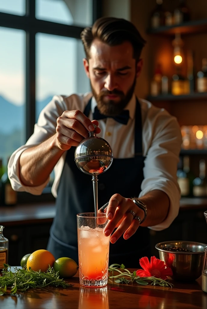 Authentic BAR,( The bartender&#39;s right thumb was amputated at the second knuckle.), Steampunk，1800&#39;with Mojito, Spectacular landscapes, , Extremely precise movements, A sublime and delicate work, Cocktail,  masterpiece, 8k, high quality, Hands are a key element in the scene, The hands are very realistic and sharp，I don't draw my face，Wine Bottle Background、Dark interior、There are herbs, lemons and limes on the counter、Red flower、Rosemary and a long spoon in hand、muddler、Tall, narrow glass，