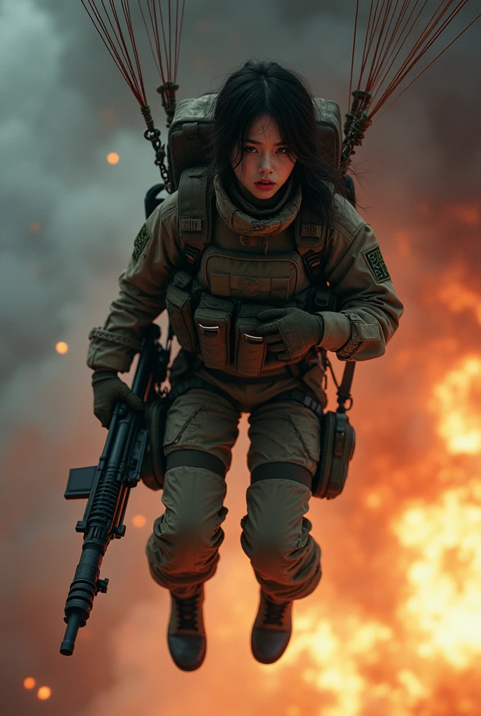 Photo-realistic, ultra-realistic, (very beautiful Japanese, famous Japanese idol:1.3), (Fully equipped for battle:1.5), large assault rifle on her back, (Experienced army paratroopers:1.5),(she is about to landing with parachute at Army skydiving mission at night:1.5), parachute is fully extended, (painful impressions, crying:1.3), (wearing an army paratrooper's Camouflage outfits with military helmet:1.5), very large breasts, (tactical vest, military harness:1.3), (military long boots:1), amazing view of massive explosion from the sky, acrobatic pose, dynamic angle, spectacular, (injured:1.3), (muddied, damaged wears, damaged body:1.3),