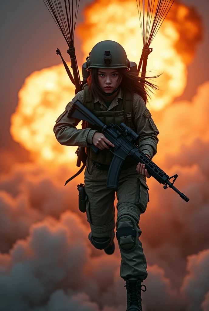 Photo-realistic, ultra-realistic, (very beautiful Japanese, famous Japanese idol:1.3), (Fully equipped for battle:1.5), large assault rifle on her back, (Experienced army paratroopers:1.5),(she is about to landing with parachute at Army skydiving mission at night:1.5), parachute is fully extended, (painful impressions, crying:1.3), (wearing an army paratrooper's Camouflage outfits with military helmet:1.5), very large breasts, (tactical vest, military harness:1.3), (military long boots:1), amazing view of massive explosion from the sky, acrobatic pose, dynamic angle, spectacular, (injured:1.3), (muddied, damaged wears, damaged body:1.3),