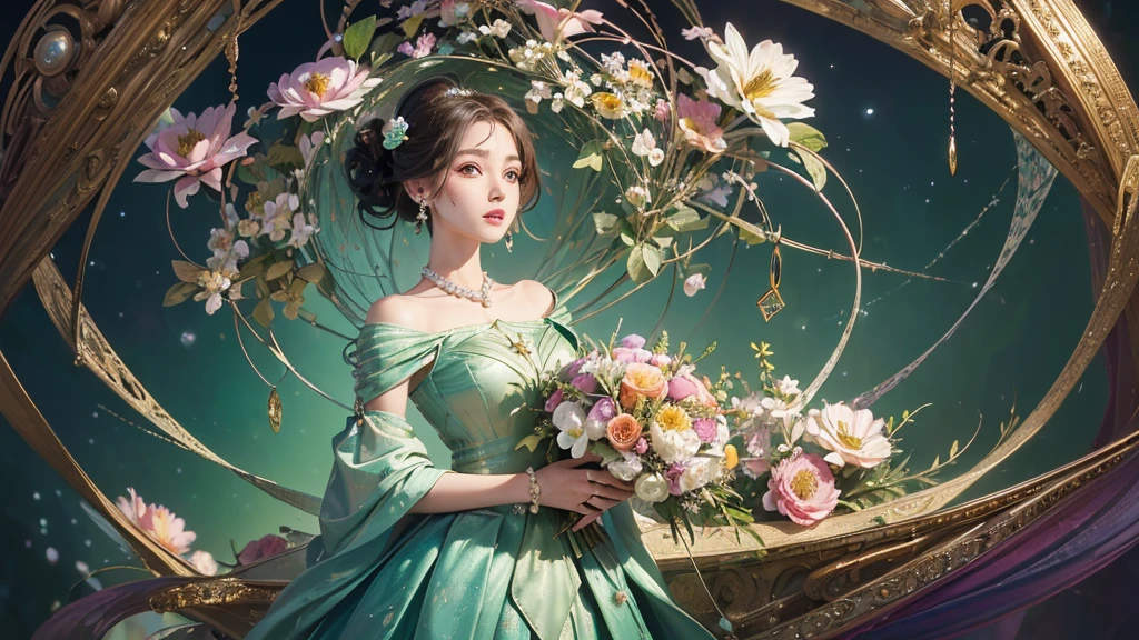 32K, 最高quality, 最高masterpiece, (ultra-Detailed Background, Detailed Background), High resolution, Super detailed, Very detailedな, 1 personの, (bouquet:1.3), (Tangled:1.2), (Geometric:1.2),(colorful),(masterpiece, quality, best quality, Official Art, Beautiful and beautiful:1.2), (1 person:1.3), Very detailed,(colorful:1.1)(Flowers:1.3),Most detailed,(Tangled:1.2), whole body, (Abstract background:1.3), (Skin glows), (Many colors:1.4), ,(Earrings Pearl:1.5), Light green background, It's imaginative., Brunette Hair, Updo, Holding a book, Holding a pen, Satin shirt