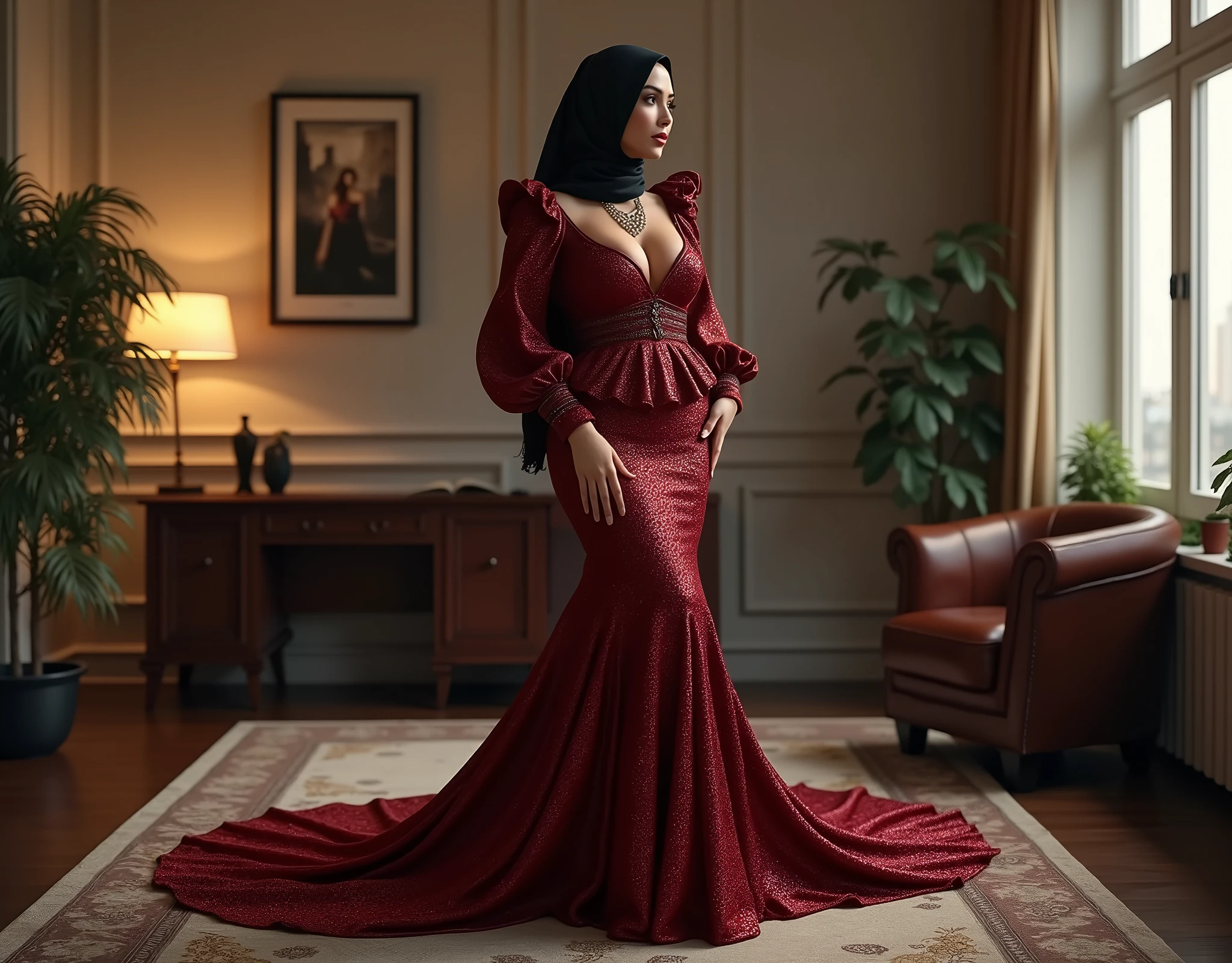 Hijabi women wear glamour long train evening mermaid dress with peplum bolero with puff sleeves, dress have a very long train about 7 meter long, wear sexy corset,tall sexy woman with big breasts, with prominent nipples, model height is 165 cm, wear jewellery, sexy pose in office room