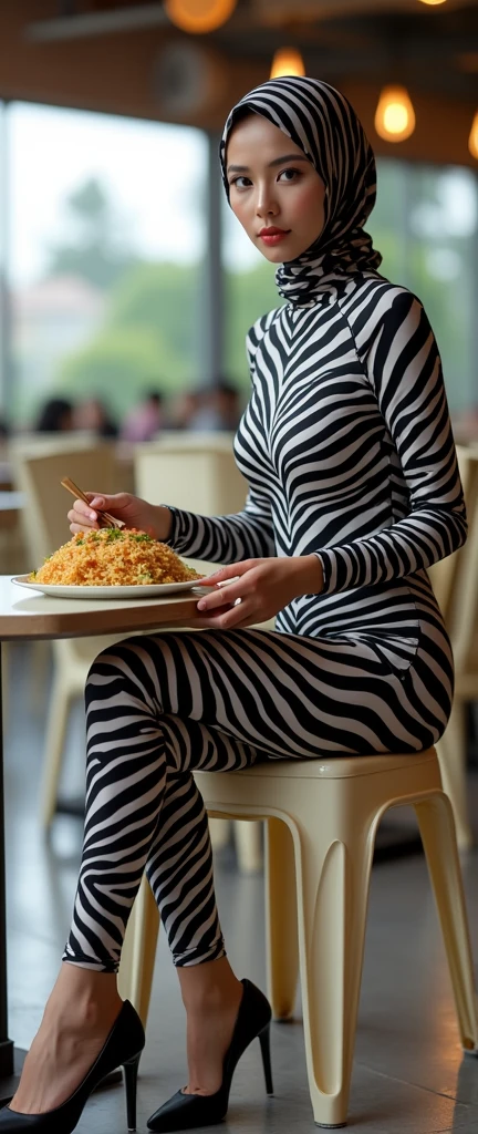 The most beautiful,thin,most pretty and clever Asian muslimah adult girl wears plains zebra lycra turtleneck unitard catsuit covered with stripes.She always wear plains zebra print lycra dancewear stretchy hijab covered with many stripes.She is sitting on the plastic chair and eats Nasi goreng pattaya at the hotel.