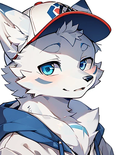 ((Best image quality)),masterpiece,The only person,Very detailed,(Male Arctic fox:1.5), (White skin:1.3), hairy,((Blue pupils)),(White fur:1.3) ,(Blue ears),(hairy 动物 耳朵s),Wearing a white coat,Wearing a red baseball cap,Hat with exposed ears,Delicate face,Detailed clothes,Upper Body,Character Close-up