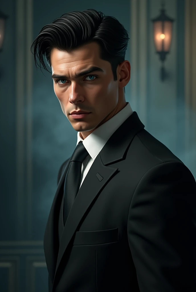 Young man 20 years old, perfectly combed black hair with blue eyes, dressed as a mobster, powerful, dominant, proud, handsome, sexy. as realistic as possible
