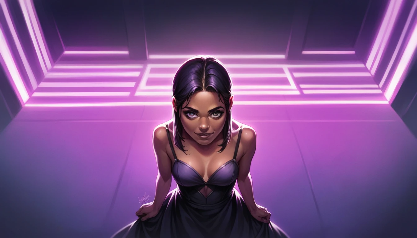 A brown-skinned woman with a malicious smile, top angle view, in a gothic room aesthetic, purple neon lights, highly detailed, intricate details, dramatic lighting, dark and moody atmosphere, elegant, haunting, cinematic, masterpiece, 8K, photorealistic