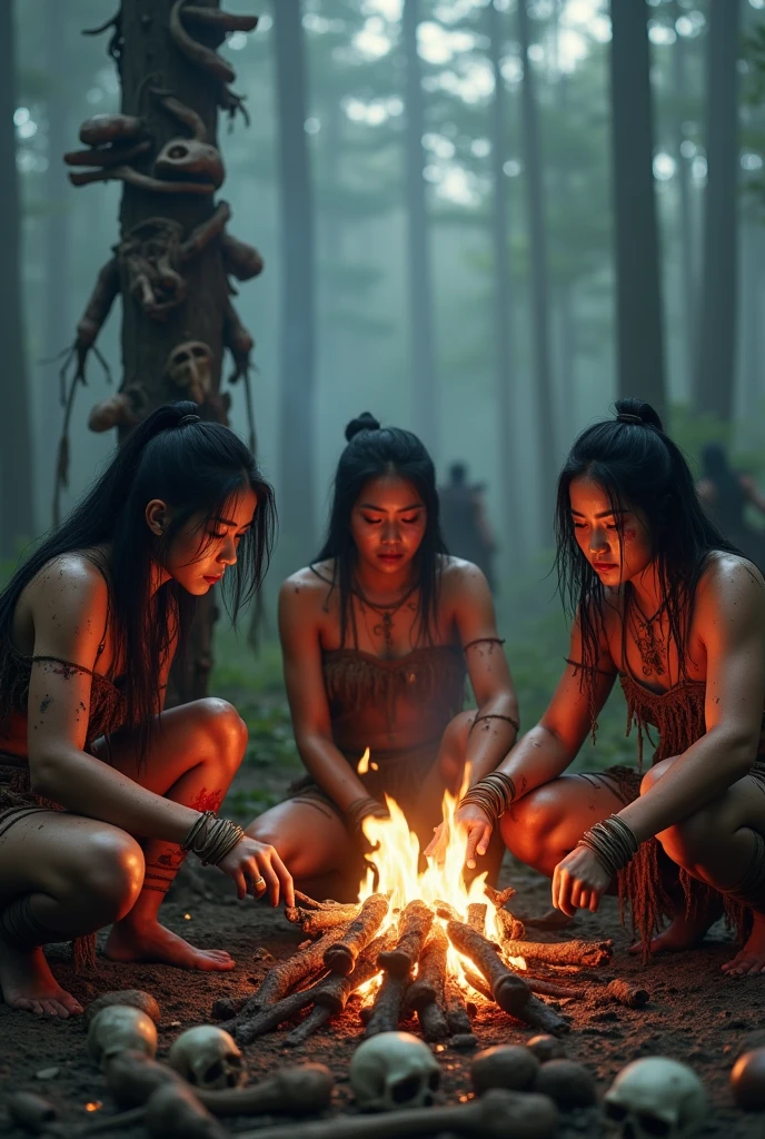 A disturbingly vivid and ultra-realistic depiction of a secluded female cannibal tribe in a dense, untouched region of Korea. The scene unfolds in a dimly lit, cavernous space, where shadows dance on the walls from the flickering light of a large bonfire. The fire casts an eerie glow on the nude figures, highlighting their taut muscles and savage expressions. The central focus is on a group of six women, each standing around a makeshift stone altar, their bodies smeared with a mix of dirt, blood, and primitive tribal markings. Their eyes are wild and their teeth are bared, suggesting a ritualistic fervor. The most dominant member of the tribe, adorned with a headdress made from what appears to be human bones and decaying flesh, stands tallest, brandishing a serrated stone knife. In front of them, a bound and terrified young female captive is laid out, her body trembling with fear. The altar is laden with various human limbs and organs, displayed like a grisly banquet. The surrounding environment is rich with detail, from the moss-covered rocks to the twisted, gnarled trees that seem to beckon the viewer into the abyss of the tribe's dark secrets. The atmosphere is thick with the scent of smoke and raw meat, the air tense with the impending horror of the cannibalistic feast. The meticulous attention to detail in the skin textures, the vibrant hues of blood, and the stark contrast between the light and shadow serve to create a scene that is as viscerally repulsive as it is fascinatingly macabre.