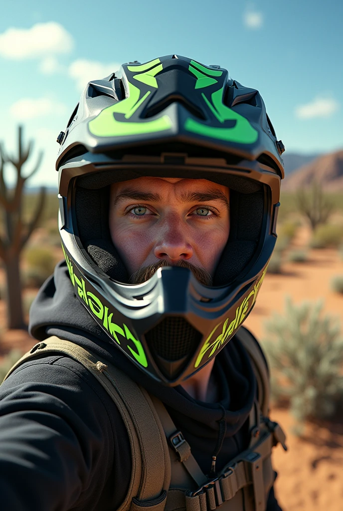 Imagine a selfie with a realistic full-face motocross helmet, Black color with green details in ,open landscape, mesquite trees